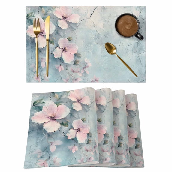 Vintage Pink Flower Placemats Set of 6, Pastoral Floral Plant Walls Mottled Non-Slip Place Mats Washable Table Mats for Kitchen Dining Table Decorations Indoor/Outdoor