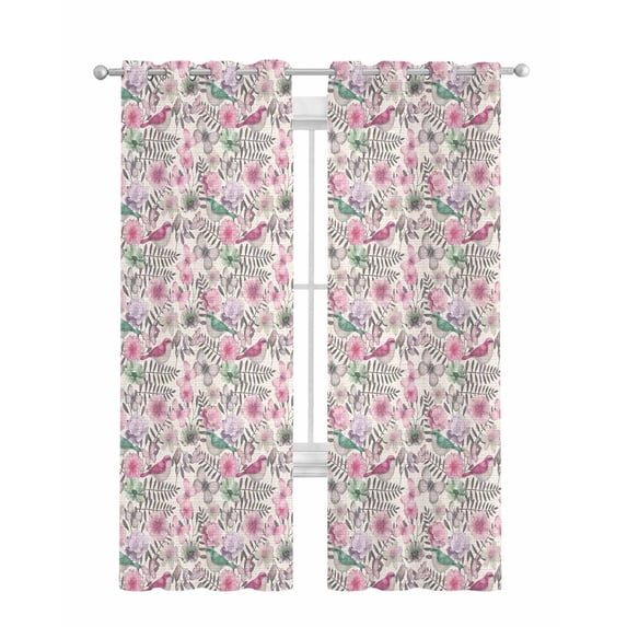 Vintage Pink Flower Sheer Curtains 63 Inch Length 2 Panels Set for Living Room/Bedroom, Spring Floral Leaves Pastoral Birds Plants Kitchen Curtains Grommet Curtains Window Treatments 42"x63"x2