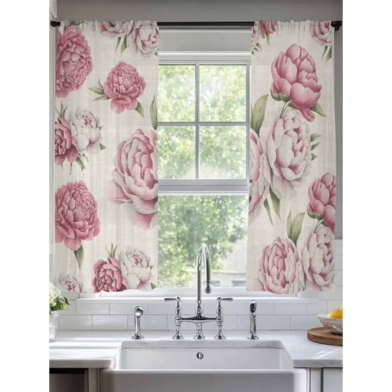 Vintage Pink Flower Sheer Curtains 63 Inches Long 2 Panels Watercolor Floral Green Leaf Plant Country Light Filtering Semi Sheer Window Curtains Drapes for Bedroom Living Room 52"x63"