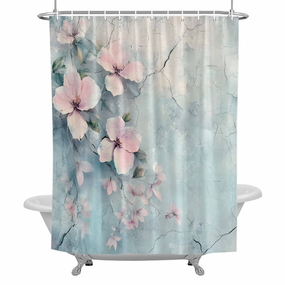 Vintage Pink Flower Shower Curtain for Bathroom, Pastoral Floral Plant Walls Mottled Waterproof Cloth Fabric Bathroom Accessories Set with 12 Rust Proof Plastic Hooks, 36"x78"