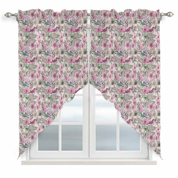 Vintage Pink Flower Swag Curtains for Kitchen/Bedroom/Living Room, Spring Floral Leaves Pastoral Birds Plants Scalloped Curtains 63 Inch Long, Window Swag Topper Curtains Valances 2 Panels 36"x63"