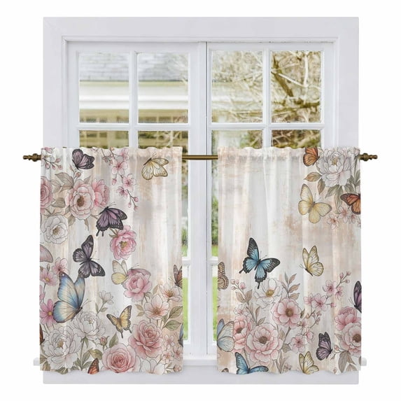 Vintage Pink Flowers Kitchen Curtain for Berdoom Living Room Cafe 45 Inch Length, Spring Floral Butterfly Retro Tiers Curtains Light Filtering Drapes Rod Pocket Window Treatment 2 Panels 52"Wx45"L