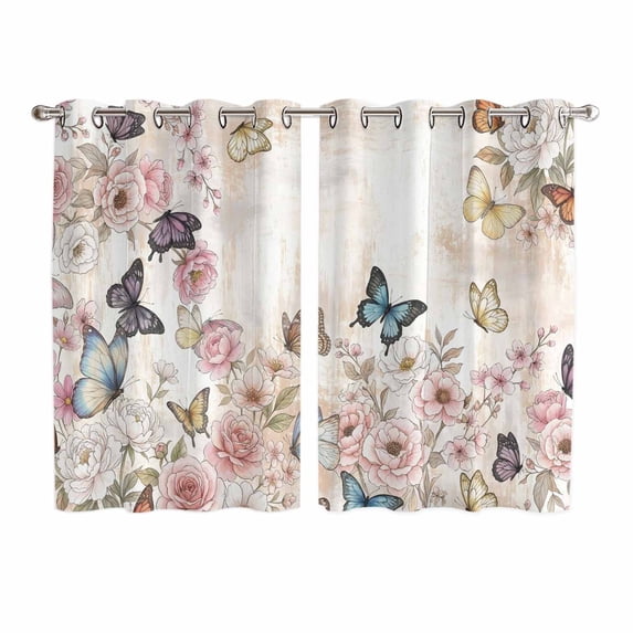 Vintage Pink Flowers Kitchen Curtains Window Panels, Spring Floral Butterfly Retro Art Insulated Window Treatment Curtain, Grommet Curtains for Bedroom/Living Room/Bathroom, 2 Piece 52"Wx72"L