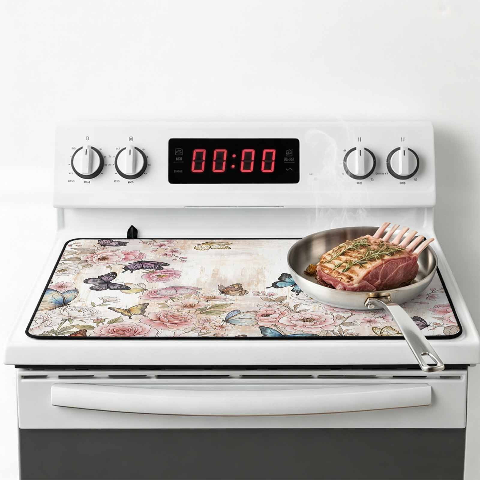 Vintage Pink Flowers Stove Top Cover for Electric Stove, Heat-proof & Non Slip Glass Top Stove Cover Protector, Spring Floral Butterfly Retro Art Kitchen Flat Cooktop Rubber Mat 24x21 Inches