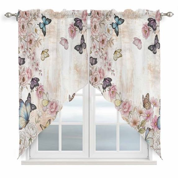 Vintage Pink Flowers Swag Curtains for Kitchen/Bedroom/Living Room, Spring Floral Butterfly Retro Art Scalloped Curtains 63 Inch Long, Window Swag Topper Curtains Valances 2 Panels Set 36"x63"