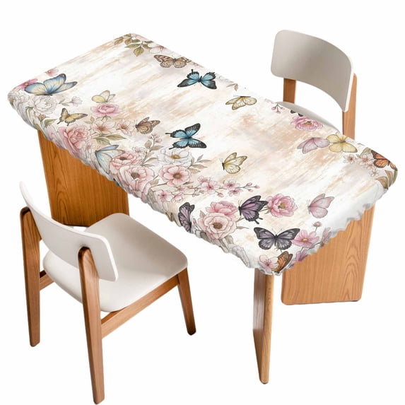 Vintage Pink Flowers Table Cloths for 5 Foot Rectangle Tables, Spring Floral Butterfly Retro Art Patio Waterproof Elastic Fitted Tablecloths, Washable Rectangular Table Cover for Camping