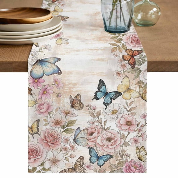 Vintage Pink Flowers Table Runner 36 Inches, Spring Floral Butterfly Retro Art Bed Runner Dresser Scarves Tabletop for Indoor Outdoor Parties/Ceremony/Banquet, 13"x 36"