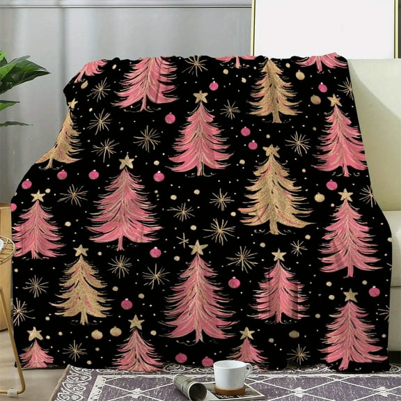 Vintage Pink and Golden Christmas Tree Snowflake Print Flannel Throw Blanket – Soft, Warm, Comfortable Polyester Cover for Sofa, Bed, Car, Office, Camping, Travel