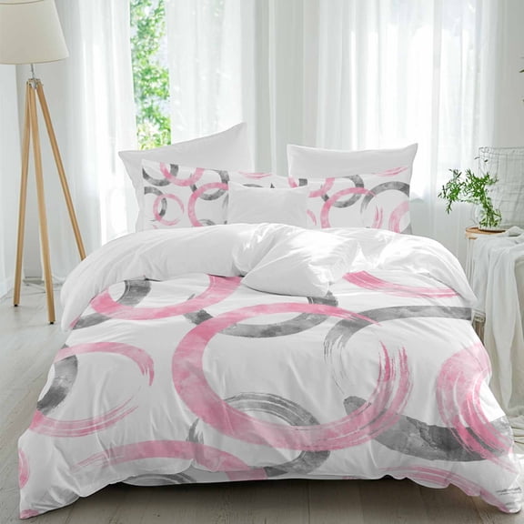 Vintage Pink Gray Circle Lines Queen Size Comforter Set, Abstract Art White Background Bedding for All Seasons, 4 Pcs Bed Set, 1Quiltcover (90"x92") ,1Sheet(94"x116"), 2Pillowcases (30"x20")