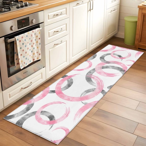 Vintage Pink Gray Circle Lines Runner Rugs 2x6 ft Abstract Art White Background Washable Hallway Rugs Non-Slip Floor Mats Absorbent Carpet Bedside Runners for Bedroom Kitchen Bathroom Laundry Room