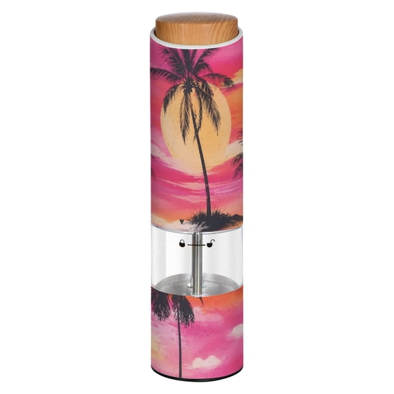 Vintage Pink Palm Tree Silhouette Pattern Printed Electric Pepper Mill One-Touch Battery Operated Salt Grinder Adjustable Coarseness Decorative Counter Spice Tool