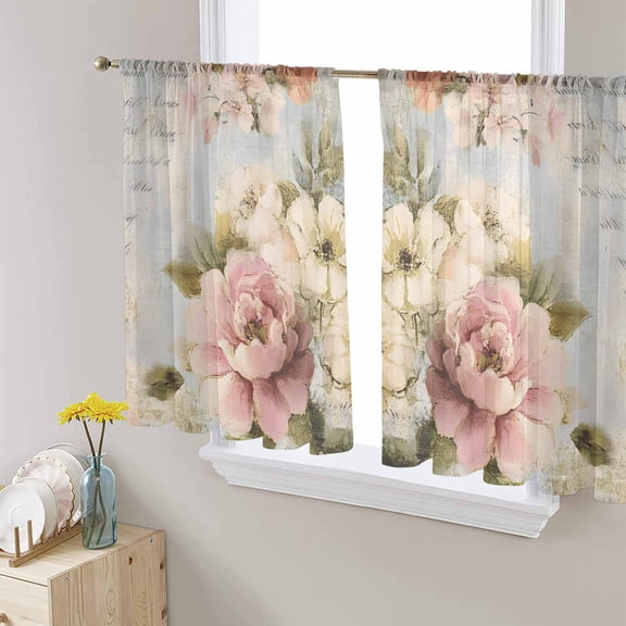Vintage Pink Peony Sheer Curtains 54 Inches Length 2 Panels Set, Window Sheer Curtains for Living Room/Bedroom, Spring Botanical Flowers Light Filtering Rod Pocket Curtain 52'' x 54'' x 2