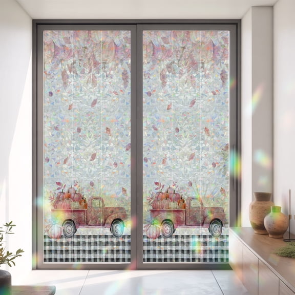 Vintage Pink Pickup Pumpkins Window Privacy Film,Decorative Windows Static Cling Cascading Leaf on Linen Heat Control Removable Glass Sticker for Home Bathroom Bedroom Window Door,35.4x78.7in