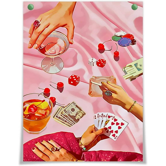 Vintage Pink Poker Playing Cards Posters for Room Decor Aesthetic Retro Funny Casino Gambling Dice Chips Canvas Wall Art Cool Funky Cocktail Alcohol Drinks Prints Paintings