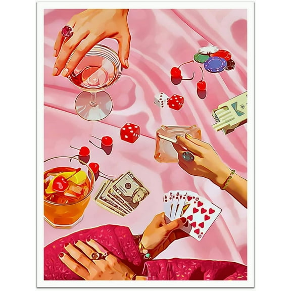 Vintage Pink Poker Posters Cute Funny Cocktail Casino Dice Chips Canvas Wall Art Cool Funky Alcohol Drinks Cherry Disco Ball Wall Decor for Dorm Bar Party Kitchen