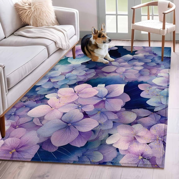 Vintage Pink Purple Flower Area Rugs 3x5 ft Hydrangea Leaf Gradient Watercolor Washable Rug Non Slip Indoor Carpet Absorbent Floor Mat for Living Room Bedroom Dining Room