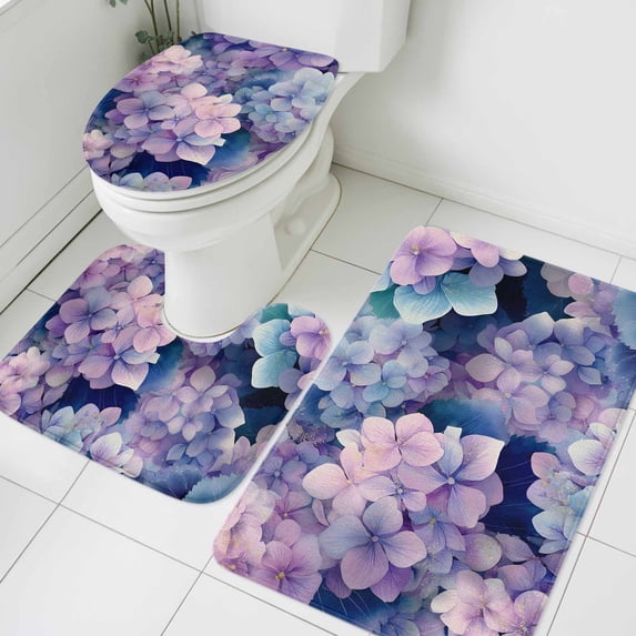 Vintage Pink Purple Flower Bathroom Rugs Set Hydrangea Leaf Gradient Watercolor Non Slip Absorbent Soft Bath Mats 3 Piece Set with Bathroom Rug, U-Shaped Floor Mat, Toilet Seat Cover Small Size