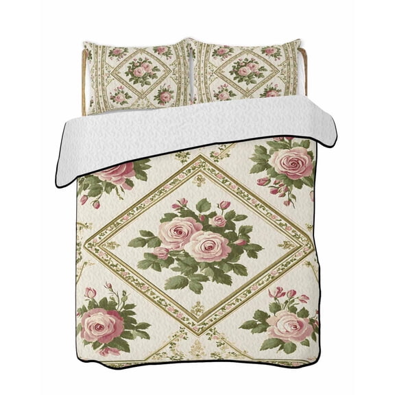 Vintage Pink Quilts Bedding Set Full Size Rose Leaf Floral Green Argyle Frame Farmhouse Lightweight Quilted Bedspread 3 Piece Bed Quilt with 2 Pillow Shams All Season for Bedroom 68" x 98"