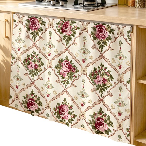 Vintage Pink Red Floral Cabinet Curtains 35"W x 35"L,Dustproof Sink Skirt Curtain for Kitchen Bathroom,Farmhouse Flower Green Leaf Adhesive Desk Skirt Privacy Short Curtains for Office Closet Vanity
