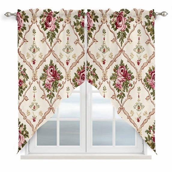Vintage Pink Red Floral Kitchen Window Curtains, Swag Curtains Valance for Bedroom Living Room Bathroom, Farmhouse Flower Green Leaf Rod Pocket Window Treatment Curtain Block Drapes 2 Panels 36"x45"