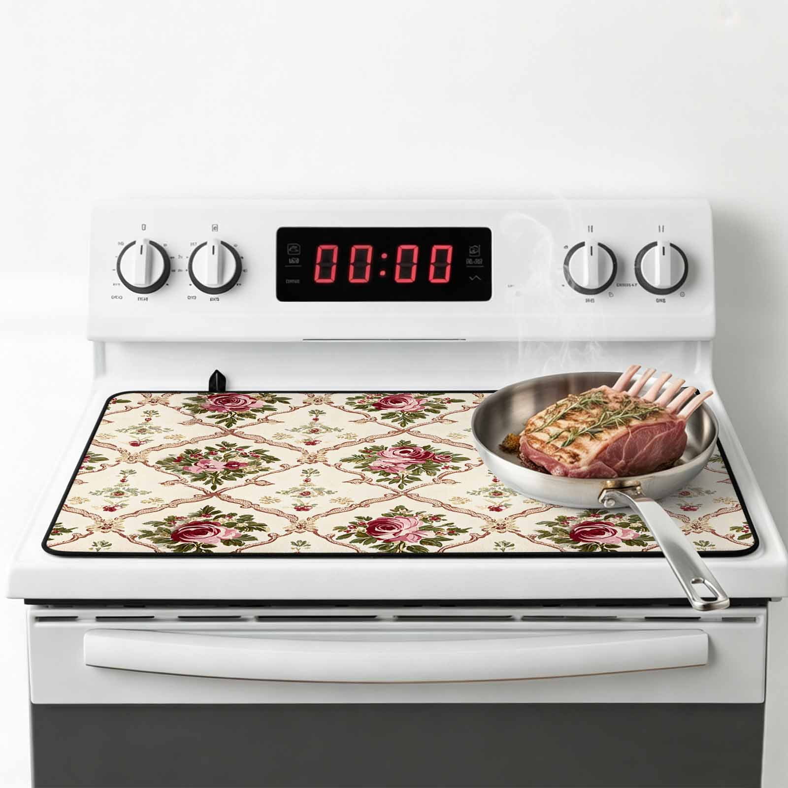 Vintage Pink Red Floral Stove Top Cover for Electric Stove, Heat-proof & Non Slip Glass Top Stove Cover Protector, Farmhouse Flower Green Leaf Kitchen Flat Cooktop Rubber Mat 24x21 Inches