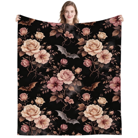 Vintage Pink Rose Bat Blanket Gifts for Women Men Adults Bat Lovers Warm Soft Flowers Bats Throw Blankets for Couch Sofa Home Decor 50x40 Inch