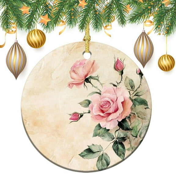 Vintage Pink Rose Christmas Ceramic Ornament Pink Blooming Romantic Roses Double Sided Porcelain 3 Inch for Boys Girls Round Ceramic Christmas Decoration Christmas Ornament for Family Sister Friend
