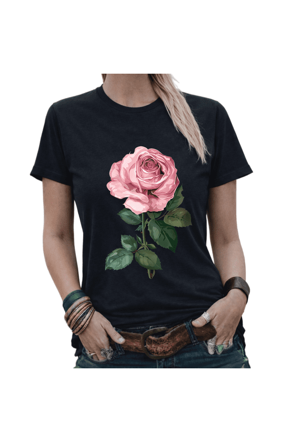 Vintage Pink Rose Floral Aesthetic Graphic Tees Womans T-shirt Tops Black/White S-5XL