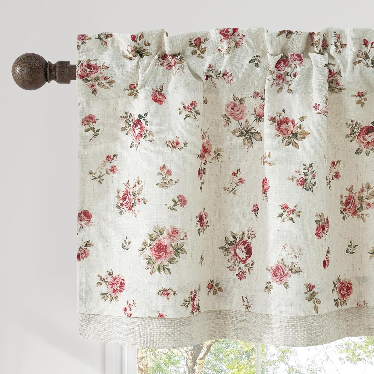Vintage Pink Rose Floral Valance for Windows, Double-Layer Linen