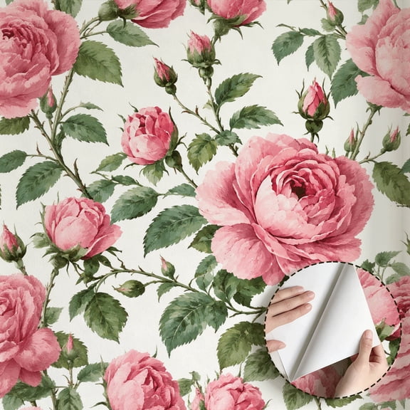 Vintage Pink Rose Floral Wallpaper Farmhouse Rustic Peel and Stick Wallpaper Waterproof Contact Paper Home Decor for Bedroom Kitchen Cabinet Dorm Room Rental Property 17.7 * 78.7 in