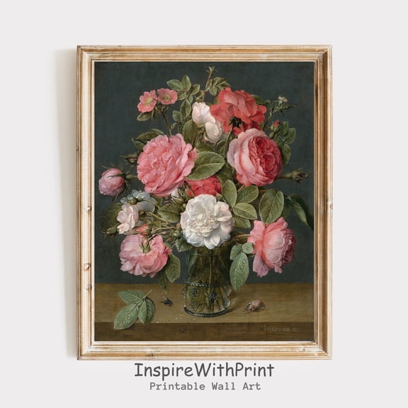 Vintage Pink Rose , Moody Rose Flower Print, Artful Rose Art, Antique Rose Print, Cottage Flower Still Life Art, Size 24x36 UNFFRAMED F03.1.5l1832