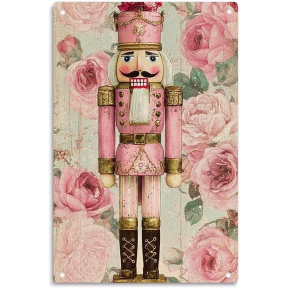 Vintage Pink Rose Nutcracker Metal Tin Sign, Shabby Chic Wall Decor for Home, Garden or Cafe, 8 x 12 Inches, Easy to Hang