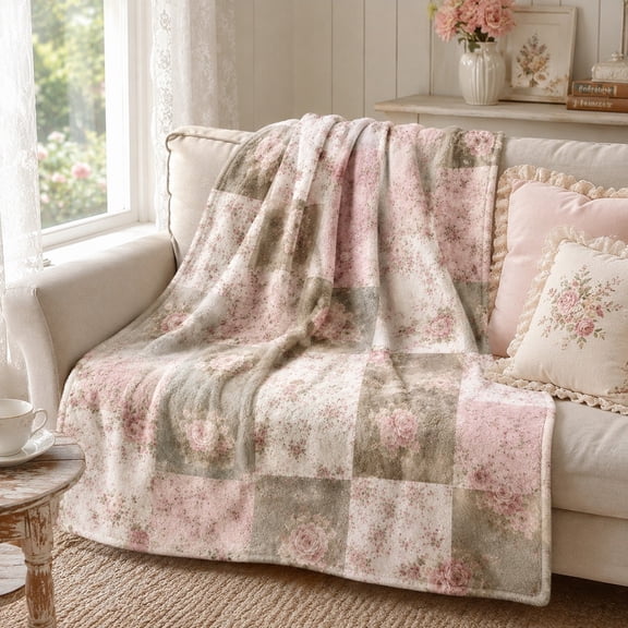 Vintage Pink Rose Patchwork Fleece Blanket, Soft Cozy 280gsm Throw for Sofa & Couch, All-Season Use