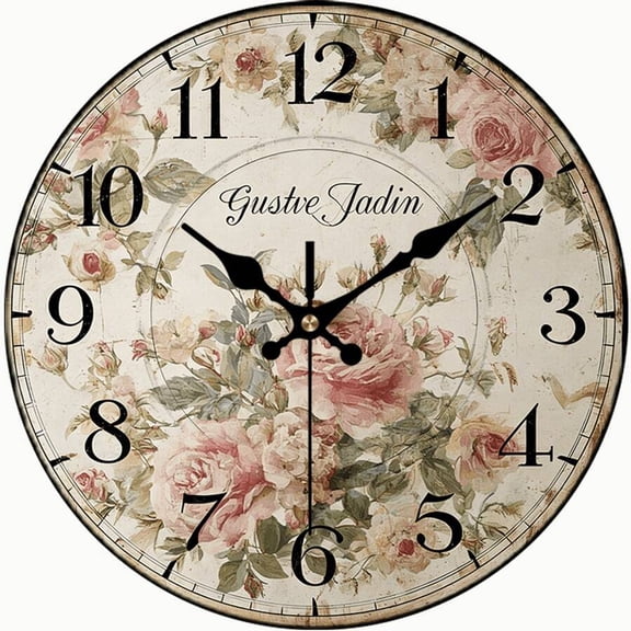 Vintage Pink Rose Round Wall Clock, Silent Non-Ticking Shabby Chic Clock, French Floral Decor for Living Room Bedroom Bathroom Home