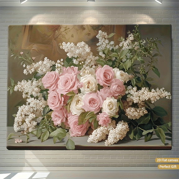 Vintage Pink Rose & White Lilac Canvas Wall Decor Ready to Hang Living Room