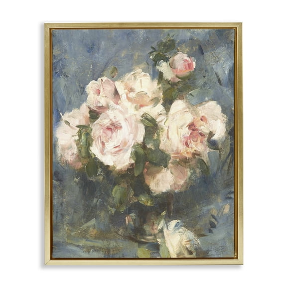Stupell Industries Vintage Pink Roses Blue Background Gold Framed Floater Canvas Wall Art, design by Leah Straatsma, 31 x 25