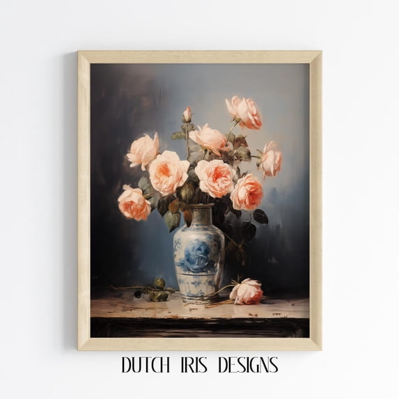 Vintage Pink Roses In Blue Vase, Floral Wall Art, Romantic Cottagecore Decor, Rustic Still Life Print 90 Home Decor #1434, Unframed Poster Size 24x36