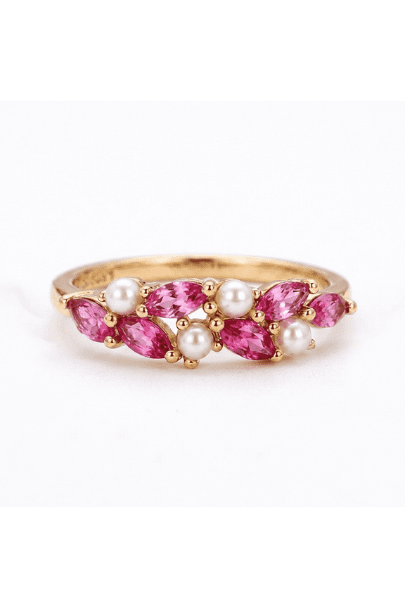 Vintage Pink Sapphire & Pearl Ring Marquise Pink Gemstone Cluster Band Art Deco 925 Sterling Silver Floral Promise Ring Dainty Boho Anniversary Gift