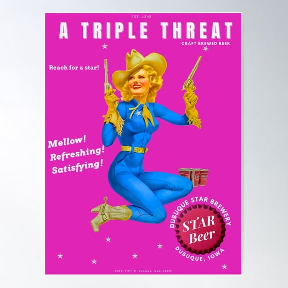 Vintage Pink Star Beer Alcoholic Beverages Shooting Cowgirl Triple Threat Advertising Poster / Posters Poster Wall Art, Modern Wall Decor For Living Room Bedroom, 24x36 UNFRAMED