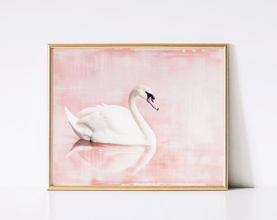 Vintage Pink Swan Painting Wall Art Antique Print Coquette Aesthetic ...