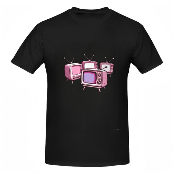 Vintage Pink Television Graphic Cotton Short Sleeve T-Shirt for Women - Playful Retro Tee Top with Colorful Illustration