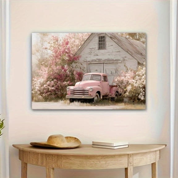 Vintage Pink Truck & Floral Barn Canvas Wall Decor Ready to Hang Living Room