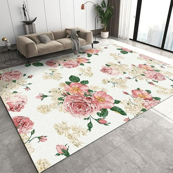 Vintage Pink Watercolor Rose Flower Area Rug, With Non-Slip Backing Easy Maintenance Bedroom Rug For Home Office Living Room Bedroom Kitchen Soft Area Rug 4 x 6ft