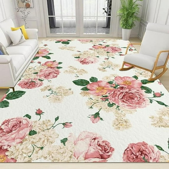 Vintage Pink Watercolor Rose Flower Area Rugs, European Print Art Style Large Indoor Carpet, With Non-Slip Rubber Backing Large Rugs For Living Room Bedroom Dining Room Office 3 x 4ft