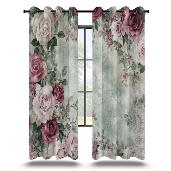 Vintage Pink and Red Roses Floral Window Curtains, Shabby Chic Blackout Drapes 2 Panels for Bedroom Living Room