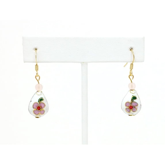 Vintage Pink and White Flower Cloisonne Earrings