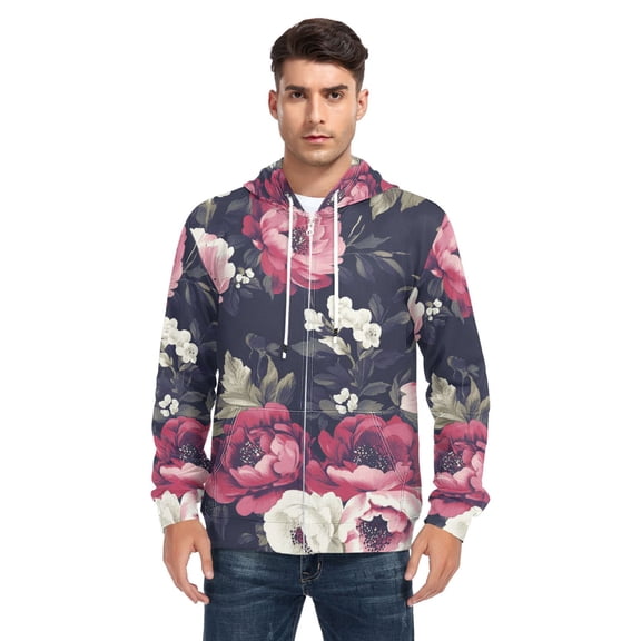 Vintage Pink and White Flowers Men’s Hoodies Sweatshirt with Full Zip Pockets Fleece Jackets