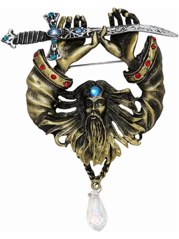Vintage Pirate Rhinestone Dagger Brooch Pin for Men Father Boyfriend Gold Plated Teardrop Crystal Chain Drop Halloween Caribbean Captain Brooches Gothic Holiday Dress Accessories Gift