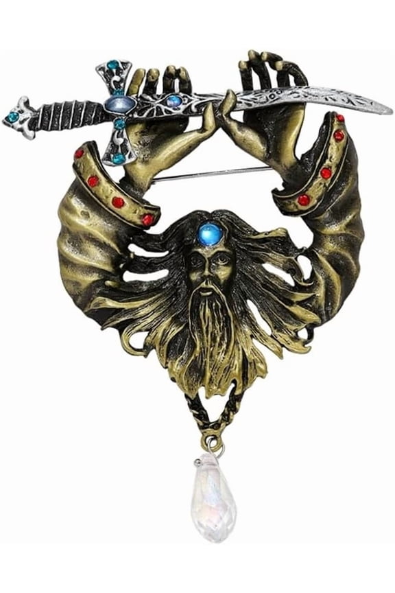 Vintage Pirate Rhinestone Dagger Brooch Pin for Men Father Boyfriend Gold Plated Teardrop Crystal Chain Drop Halloween Caribbean Captain Brooches Gothic Holiday Dress Accessories Gift