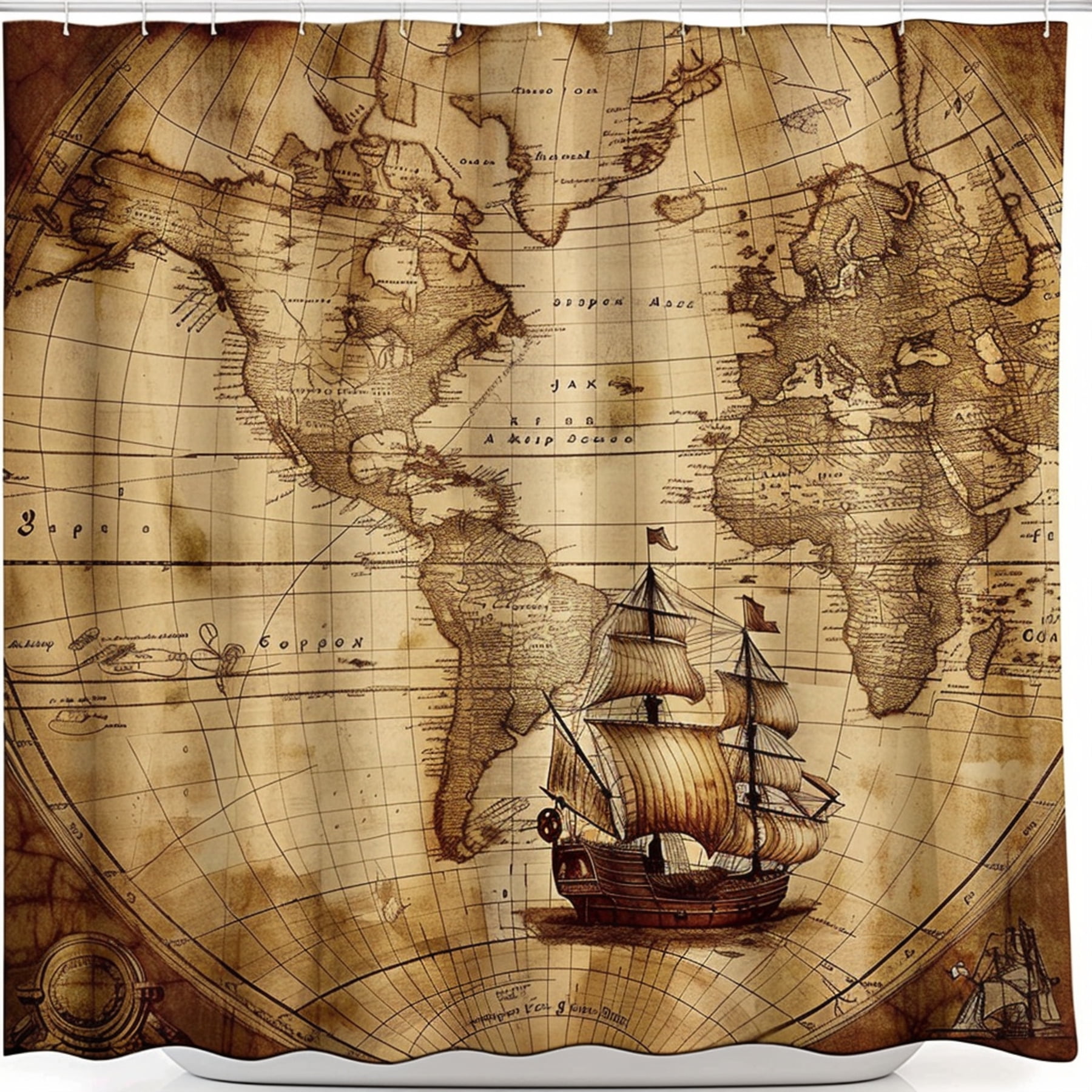 Vintage Pirate Ship on Old World Map Antique Nautical Theme Bathroom ...